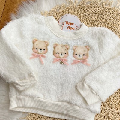  Conj. Casaco de Pelinho Três Ursinhas e Calça de Veludo - Off White e Rose
